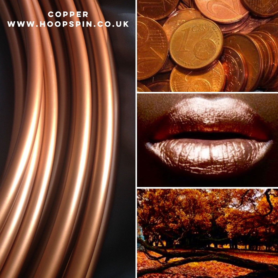 Copper hula hoop polypro collage. Bronze hoop in shiny metallic tubing. Copper polypro tubing