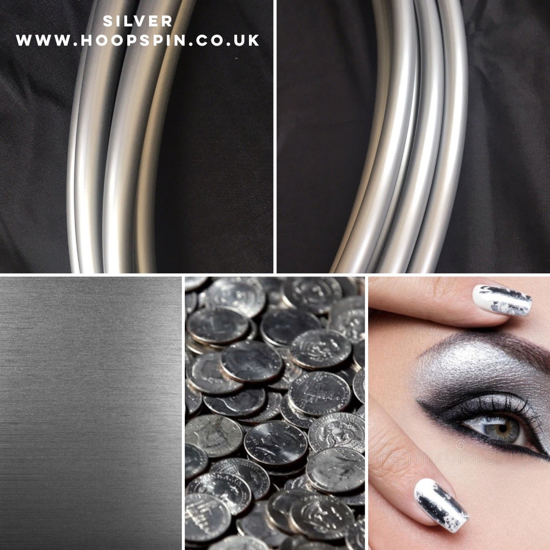 Silver hoop tubing in a collage of silver coins, burnished silver and shiny silver eyeshadow