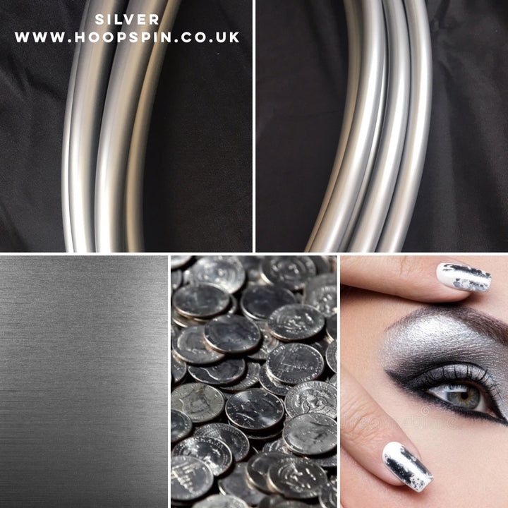 Silver hoop tubing in a collage of silver coins, burnished silver and shiny silver eyeshadow