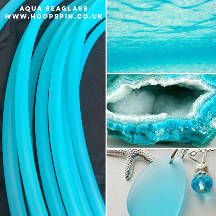 Aqua Seaglass polypro hoop collage. Beautiful hula hoop in sea coloured tubing. This hoop is blue transparent tubing that allows the light through making is vibrant in the sunshine.